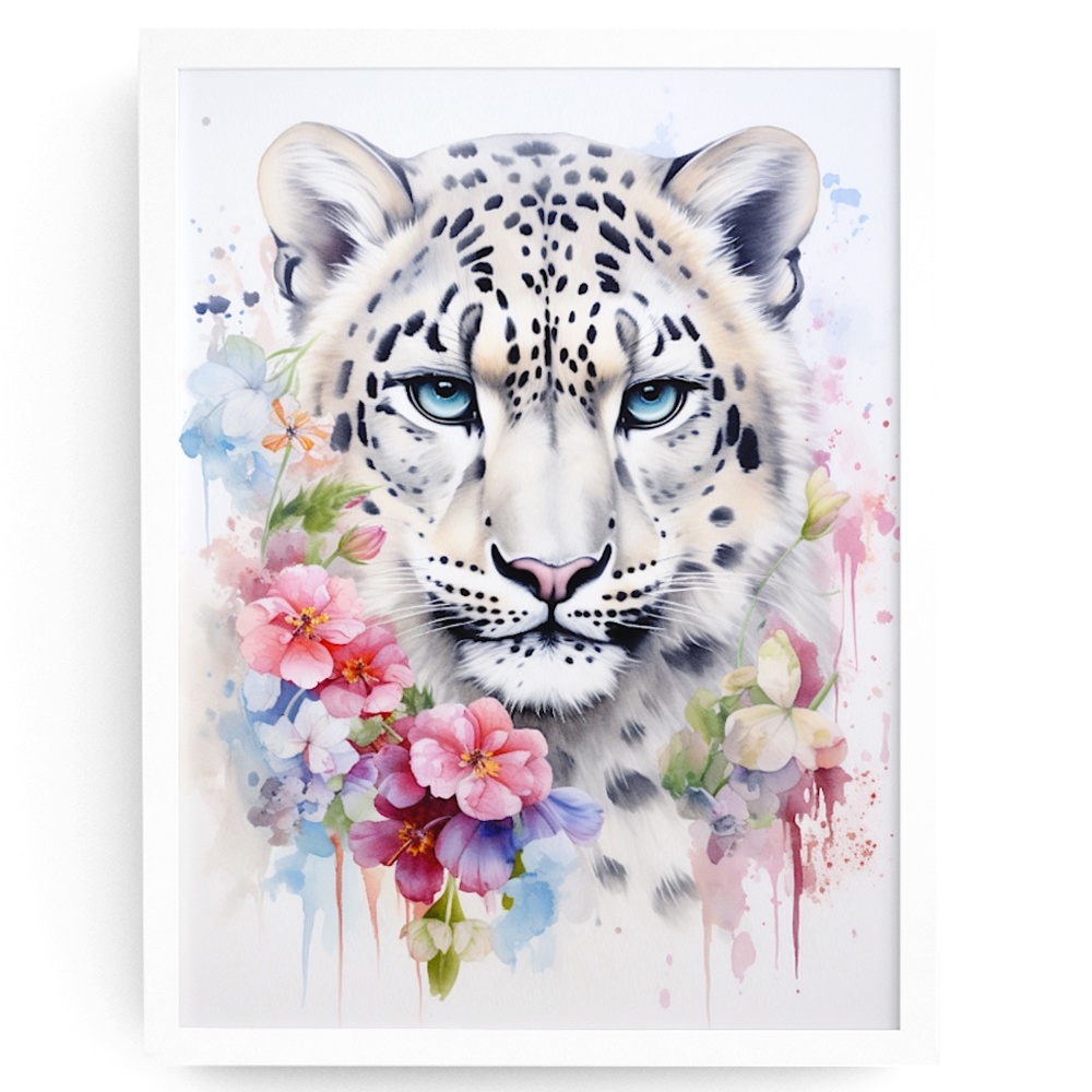 Watercolor Snow Leopard Portrait Wall Art Illustration Print Poster Unframed
